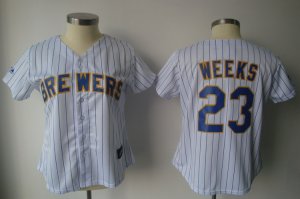 Jerseys Factory Cheap Brewers #23 Rickie Weeks White Blue Strip