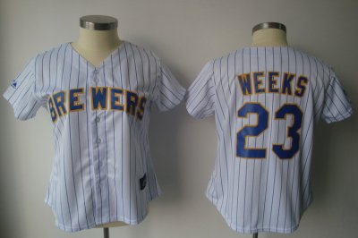 Jerseys Factory Cheap Brewers #23 Rickie Weeks White Blue Strip