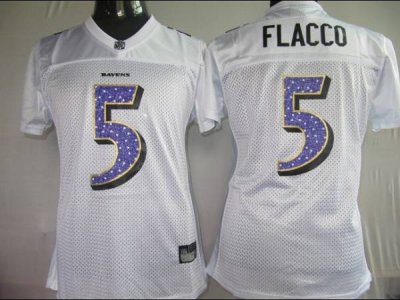 Jerseys Factory Cheap Ravens #5 Joe Flacco White Women's Sweethe