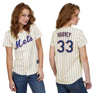 Jerseys Factory Cheap Mets #33 Matt Harvey Cream(Blue Strip) Wom