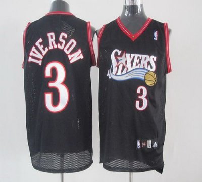 Jerseys Factory Cheap 76ers #3 Allen Iverson Black Embroidered Y