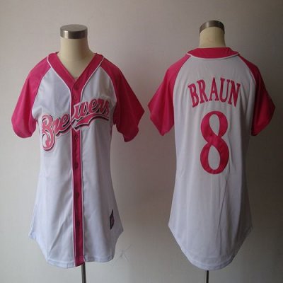 Jerseys Factory Cheap Brewers #8 Ryan Braun White/Pink Women's S