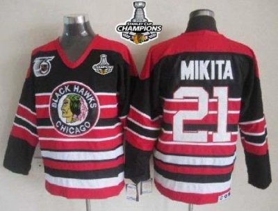 Jerseys Factory Cheap Blackhawks #21 Stan Mikita Red/Black 75TH