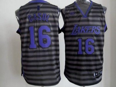 Jerseys Factory Cheap Lakers #16 Pau Gasol Black/Grey Groove Emb