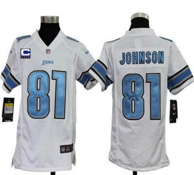 Jerseys Factory Cheap Nike Lions #81 Calvin Johnson White With C