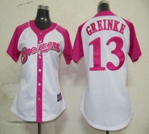 Jerseys Factory Cheap Brewers #13 Zack Greinke White/Pink Women'