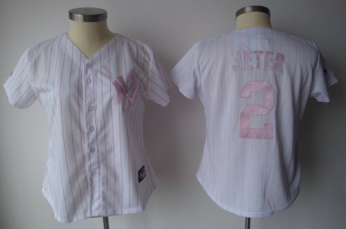 Jerseys Factory Cheap Yankees #2 Derek Jeter White With Pink Str