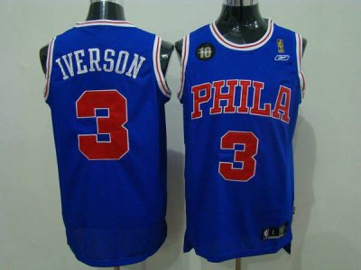Jerseys Factory Cheap 76ers #3 Allen Iverson Blue Reebok 10TH Th