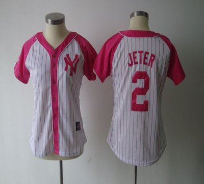 Jerseys Factory Cheap Yankees #2 Derek Jeter White/Pink Women's