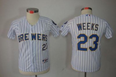 Jerseys Factory Cheap Brewers #23 Rickie Weeks White(blue stripe