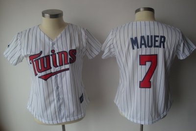 Jerseys Factory Cheap Twins #7 Joe Mauer White With Blue Strip L