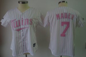 Jerseys Factory Cheap Twins #7 Joe Mauer White Pink Strip Women'