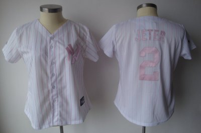 Jerseys Factory Cheap Yankees #2 Derek Jeter White With Pink Str